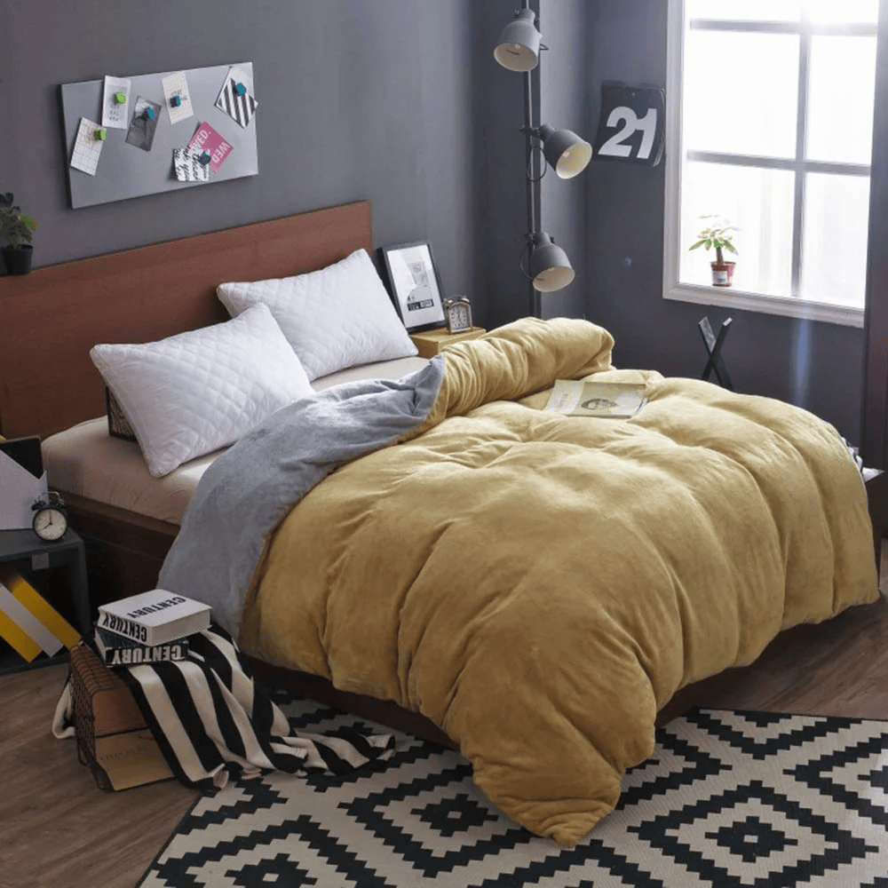 Reversible velvet quilt cover-Mustard Grey